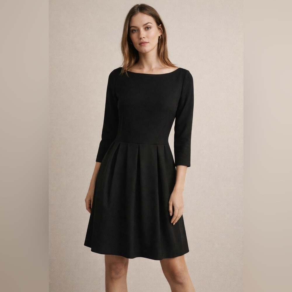 Massimo Dutti Textured Black Fit & Flare Dress Size 10 Boat Neck Pleated